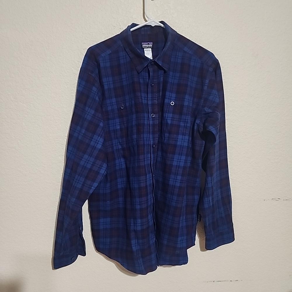Patagonia Fjord Flannel Shirt Mens Large Blue Plaid Long Sleeve Lightweight